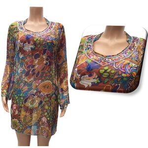 Sunflower Floral Sequin Neckline Long Sleeve Sheer Swimsuit Cover Up Size Small